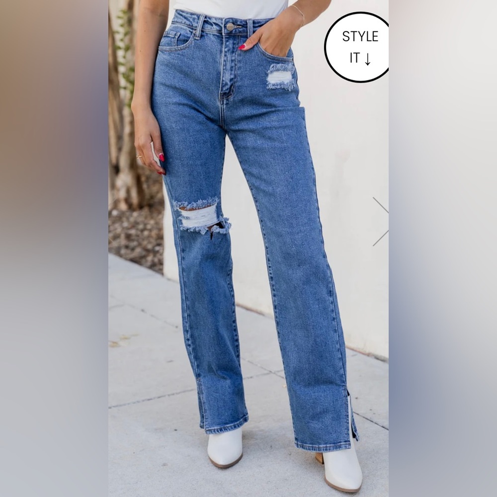 Dogma dark wash high rise straight slit jeans.  Size 9/28.  Brand new with tags.